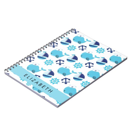 Patroon van walvissen, blauwe walvissen, Jouw naam Notitieboek (Linkerzijde)