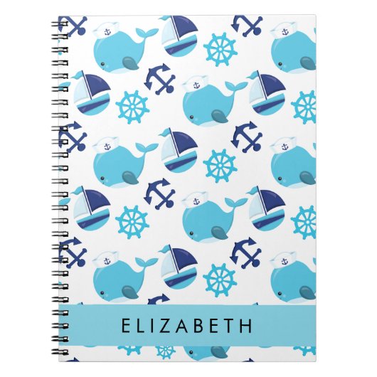 Patroon van walvissen, blauwe walvissen, Jouw naam Notitieboek (Voorkant)