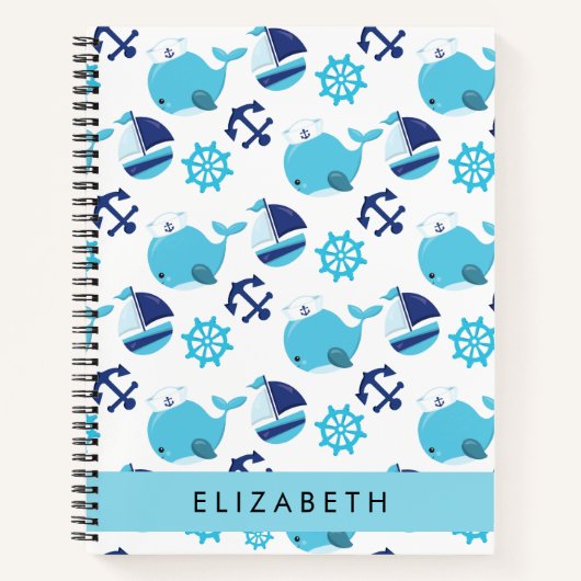 Patroon van walvissen, blauwe walvissen, Jouw naam Notitieboek (Voorkant)