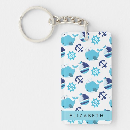 Patroon van walvissen, blauwe walvissen, Jouw naam Sleutelhanger (Voorkant)
