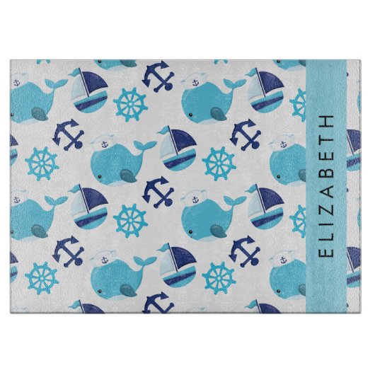 Patroon van walvissen, blauwe walvissen, Jouw naam Snijplank (Voorkant)