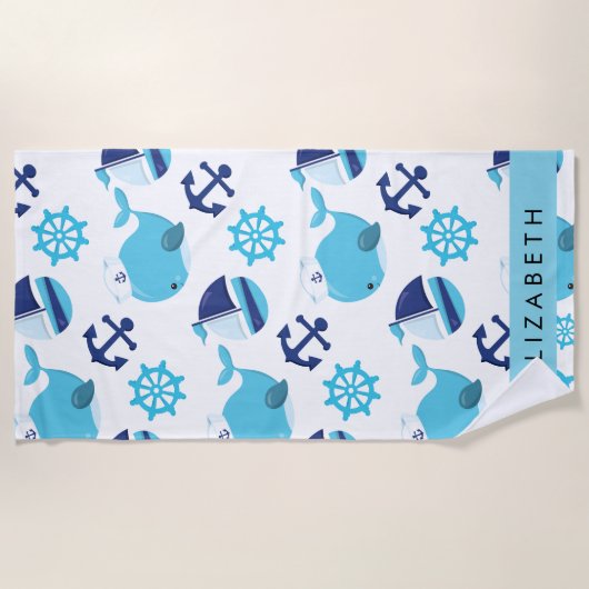 Patroon van walvissen, blauwe walvissen, Jouw naam Strandlaken (Voorkant)