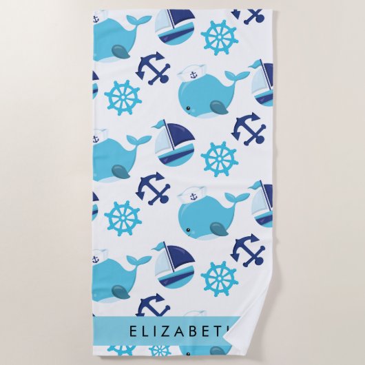 Patroon van walvissen, blauwe walvissen, Jouw naam Strandlaken (Voorkant)