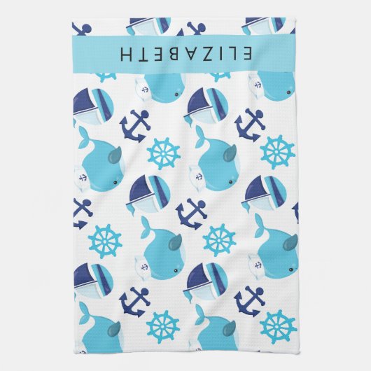 Patroon van walvissen, blauwe walvissen, Jouw naam Theedoek (Verticaal)