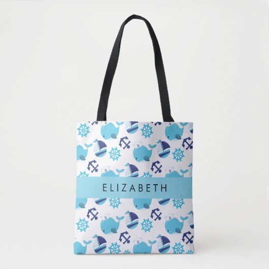 Patroon van walvissen, blauwe walvissen, Jouw naam Tote Bag (Voorkant)