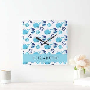 Patroon van walvissen, blauwe walvissen, Jouw naam Vierkante Klok