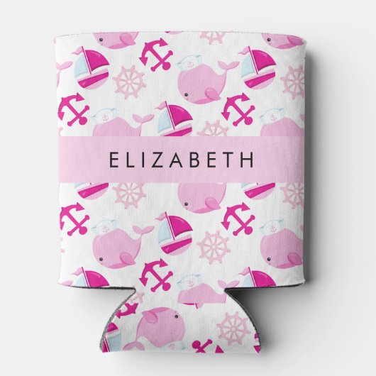 Patroon van walvissen, roze walvissen, Jouw naam Blikjeskoeler (Achterkant)