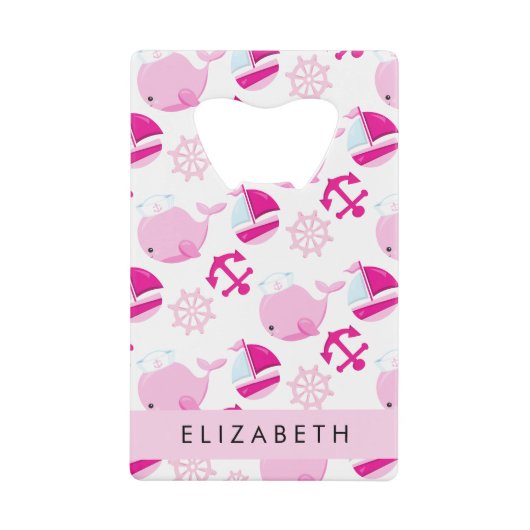 Patroon van walvissen, roze walvissen, Jouw naam Creditkaart Flessenopener (Voorkant)