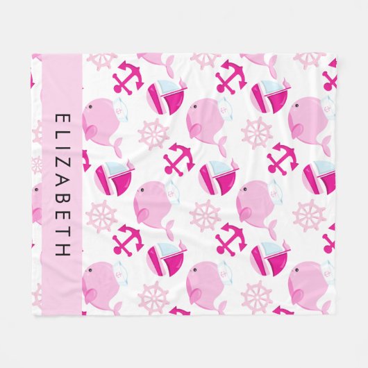 Patroon van walvissen, roze walvissen, Jouw naam Fleece Deken (Voorkant (Horizontaal))