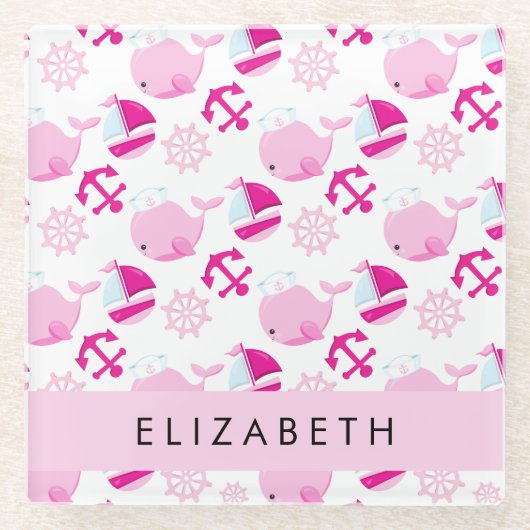 Patroon van walvissen, roze walvissen, Jouw naam Glazen Onderzetter (Voorkant)