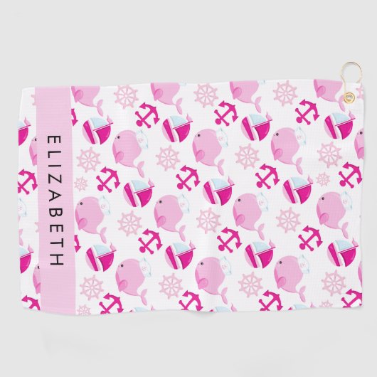 Patroon van walvissen, roze walvissen, Jouw naam Golfhanddoek (Horizontaal)