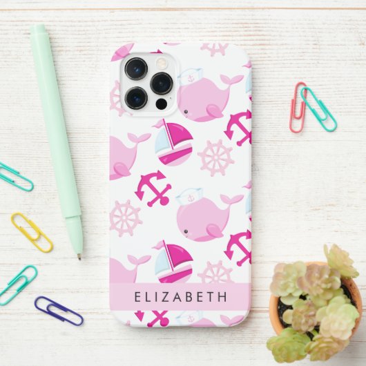 Patroon van walvissen, roze walvissen, Jouw naam iPhone Hoesje (Op bureau)