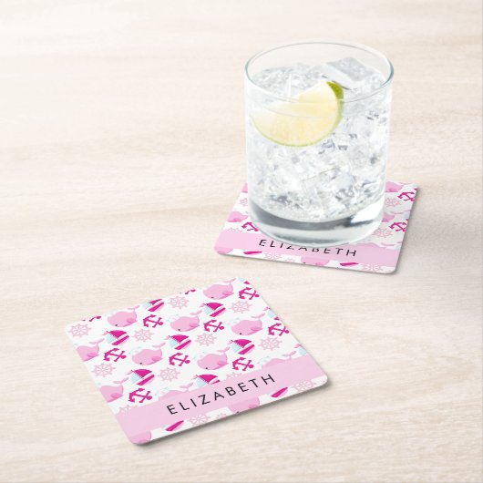 Patroon van walvissen, roze walvissen, Jouw naam Kartonnen Onderzetters (Insitu)