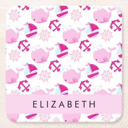 Patroon van walvissen, roze walvissen, Jouw naam Kartonnen Onderzetters (Voorkant)