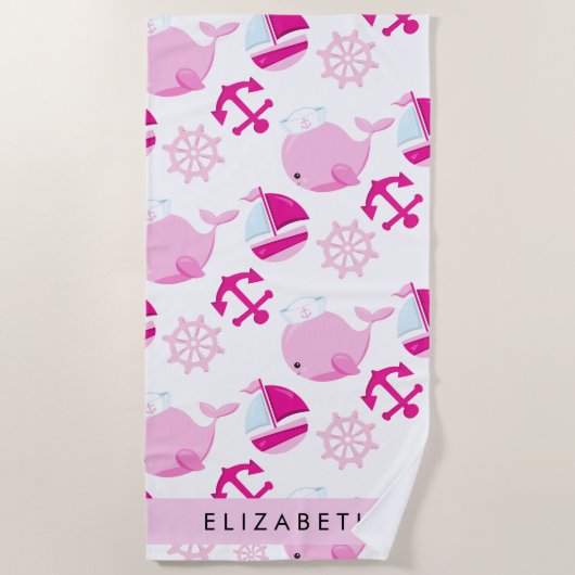 Patroon van walvissen, roze walvissen, Jouw naam Strandlaken (Voorkant)