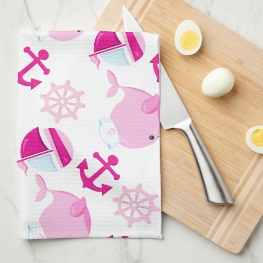 Patroon van walvissen, roze walvissen, Jouw naam Theedoek (Quarter Fold)