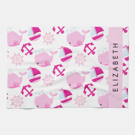 Patroon van walvissen, roze walvissen, Jouw naam Theedoek (Horizontaal)