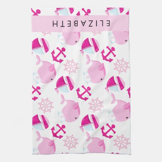 Patroon van walvissen, roze walvissen, Jouw naam Theedoek (Verticaal)