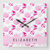 Patroon van walvissen, roze walvissen, Jouw naam Vierkante Klok (Voorkant)
