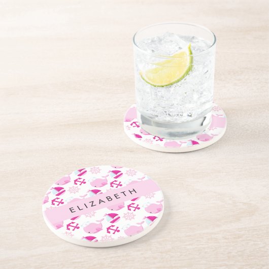 Patroon van walvissen, roze walvissen, Jouw naam Zandsteen Onderzetter (Zijkant)