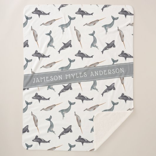 Patroon van waterverf Arctische walvissen | Monogr Sherpa Deken (Voorkant)
