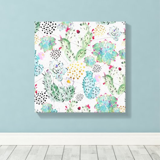 patroon van waterverf cactus en driehoeken canvas afdruk (Insitu (Houten vloer))