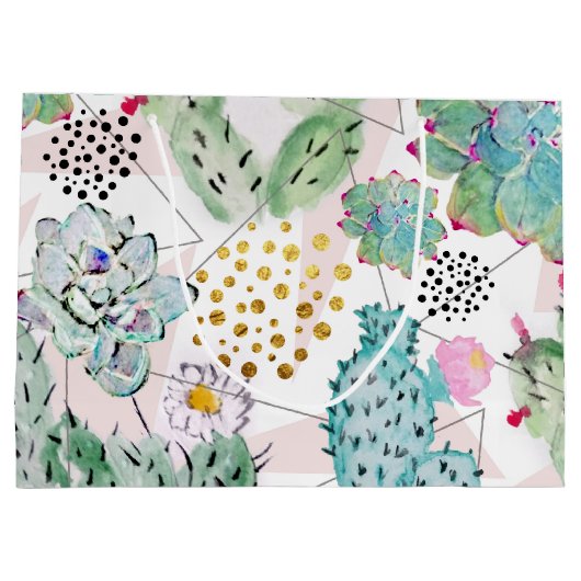 patroon van waterverf cactus en driehoeken groot cadeauzakje (Achterkant)