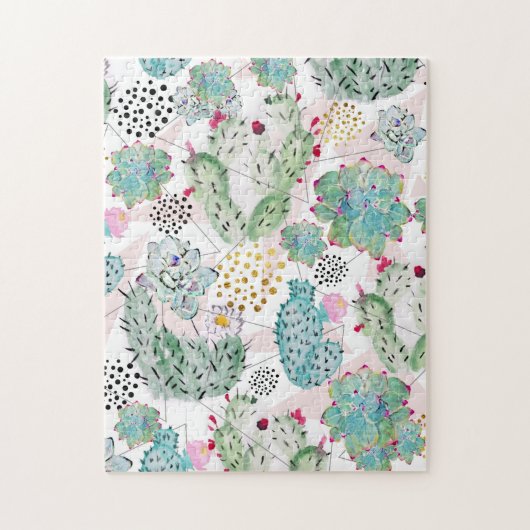 patroon van waterverf cactus en driehoeken legpuzzel (Verticaal)