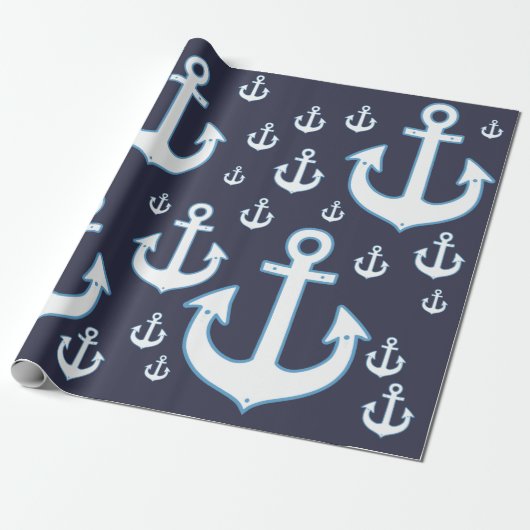 Patroon van witte ankers op marineblauw cadeaupapier (Uitgerold)