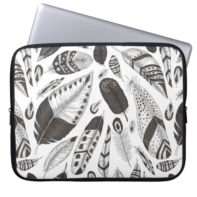 patroon van zwarte en witte veren laptop sleeve (Voorkant)