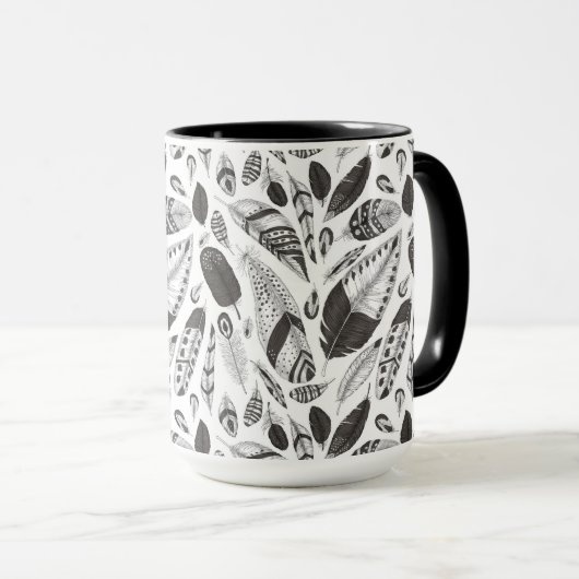 patroon van zwarte en witte veren mok (Voorkant rechts)