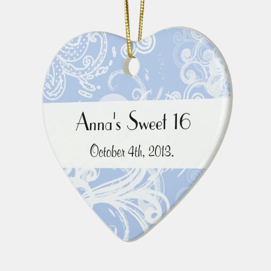 patroon van zwenkbrauwen, zwemblak, blauw, zoet 16 keramisch ornament (Links)