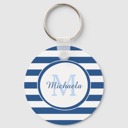 Patroon vers donkerblauw monogram en vetstrepen sleutelhanger (Voorkant)