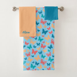 Patroon vlinder eenvoudig beige roze turquoise bla bad handdoek