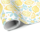 Patroon voor gele leemons en pastel blauwe bloemen cadeaupapier (Rol Hoek)
