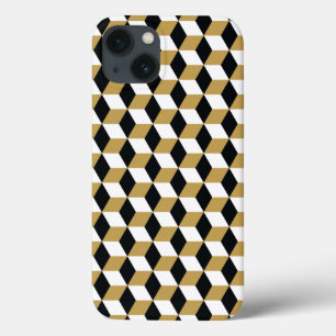 Patroon voor gouden, zwarte en witte 3D-kubussen iPhone 13 Hoesje