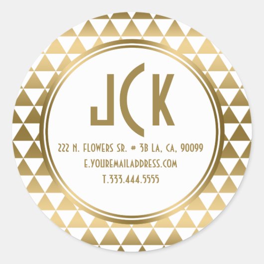 Patroon voor moderne witte en goudgeometrische dri ronde sticker (Voorkant)