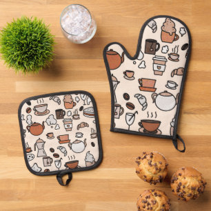 Patroon voor objecten in theewinkels en koffie ovenwant & pannenlap set