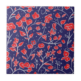 Patroon voor rode en blauwe bloemen tegeltje
