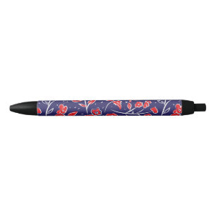 Patroon voor rode en blauwe bloemen zwarte inkt pen