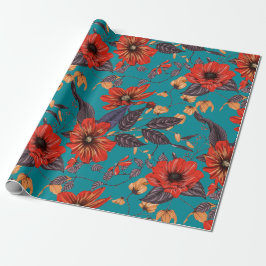 Patroon voor rode en Blauwgroen flora Cadeaupapier