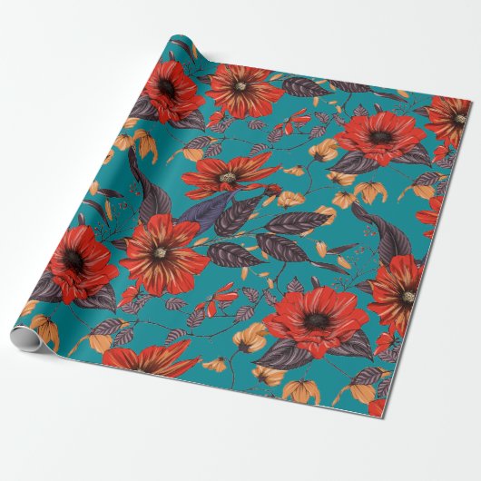 Patroon voor rode en Blauwgroen flora Cadeaupapier (Uitgerold)