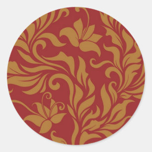 Patroon voor rode en gouden flora ronde sticker
