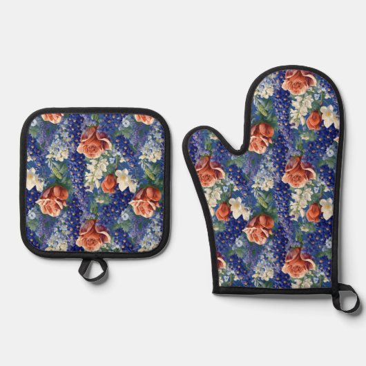 Patroon voor rode rozen en blauwvintonijn ovenwant & pannenlap set (Voorkant)