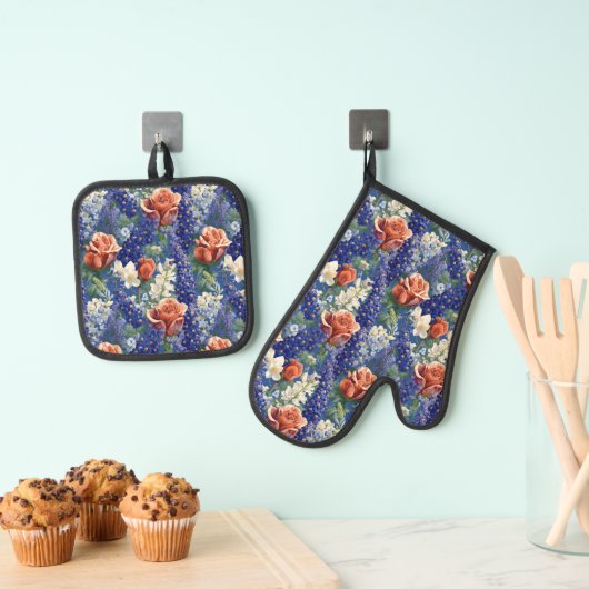 Patroon voor rode rozen en blauwvintonijn ovenwant & pannenlap set (Insitu(Ophanging))