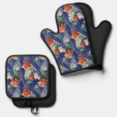 Patroon voor rode rozen en blauwvintonijn ovenwant & pannenlap set (Voorkant / Achterkant)