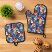 Patroon voor rode rozen en blauwvintonijn ovenwant & pannenlap set (Top down)