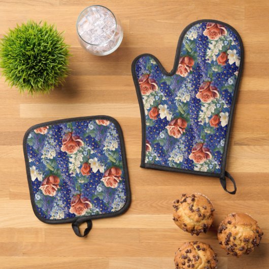 Patroon voor rode rozen en blauwvintonijn ovenwant & pannenlap set (Top down)