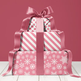 Patroon voor roze en witte kerstwintersneeuwvlokke inpakpapier vel