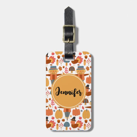 Patroon voor Thanksgiving Turkije en Scarecrow Bagagelabel (Voorkant verticaal)